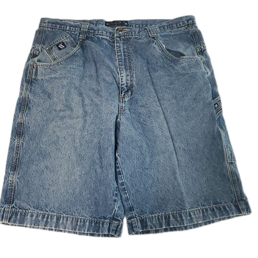 Kani Mens Cargo Jean Shorts Blue Size 40 Cotton Blend Button Zip Pockets